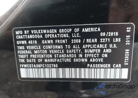 2015 Volkswagen Passat 1.8T Sel Premium from USA, damaged, VIN 1VWCS7A36FC122780